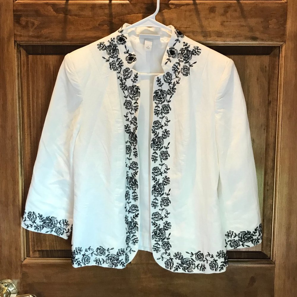 WHITE DRESS BARN JACKET, 3/4 SLEEVES,BLACK EMBELLISHMENTS, SMALL